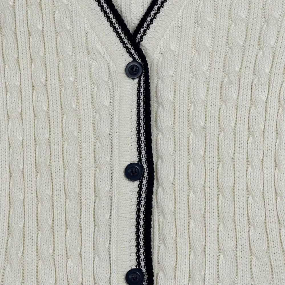 Cabin Creek White Cable Knit Cardigan Sweater Navy Blue Trim Large Cotton‎